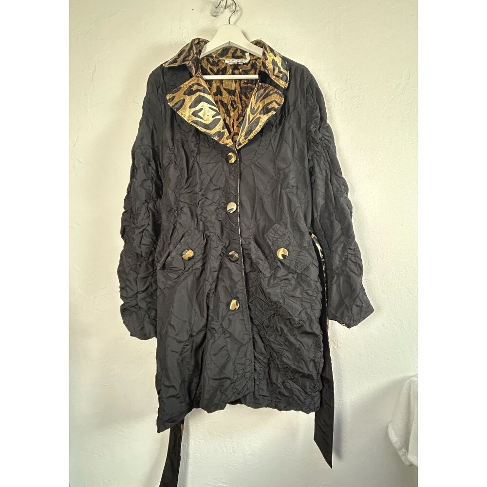 Alberto Makali Womens Black Animal Print Lining Trench Coat Jacket Large Pockets